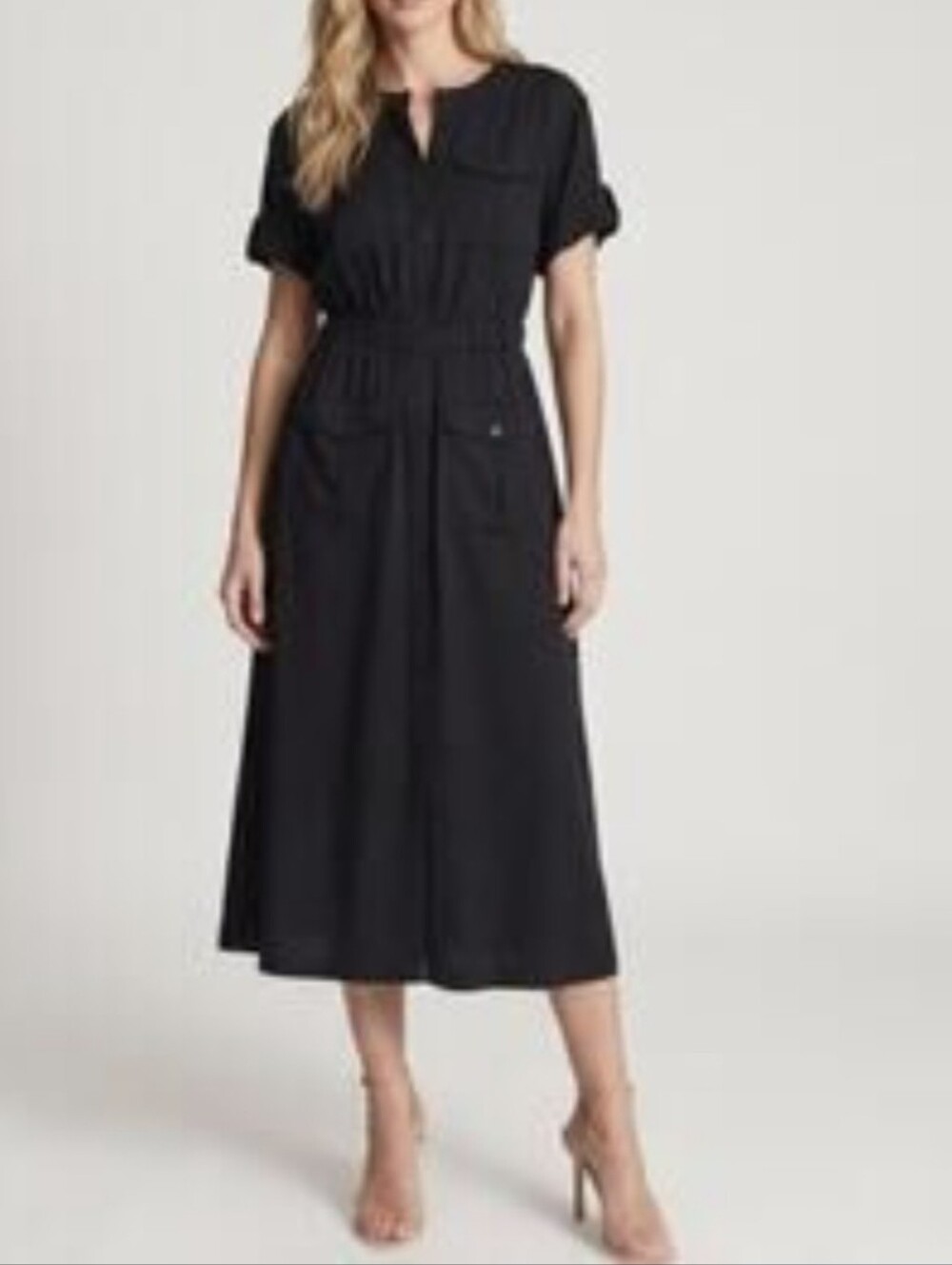 LOFT Black Utility Midi Pocket Dress Button Front Short Sleeve Elastic Waist 8P